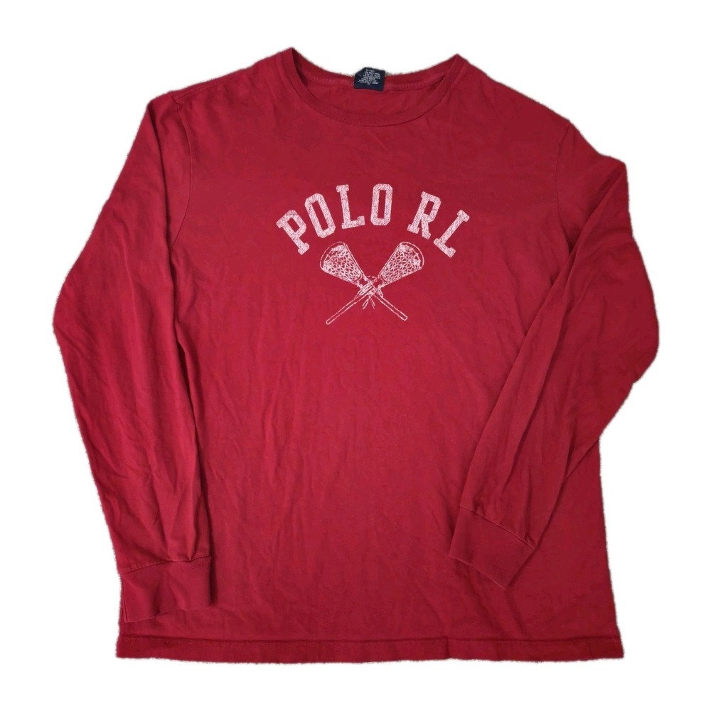 Vintage Polo Ralph Lauren Shirt Men L Red Lacrosse Graphic Tee Polo RL 90s